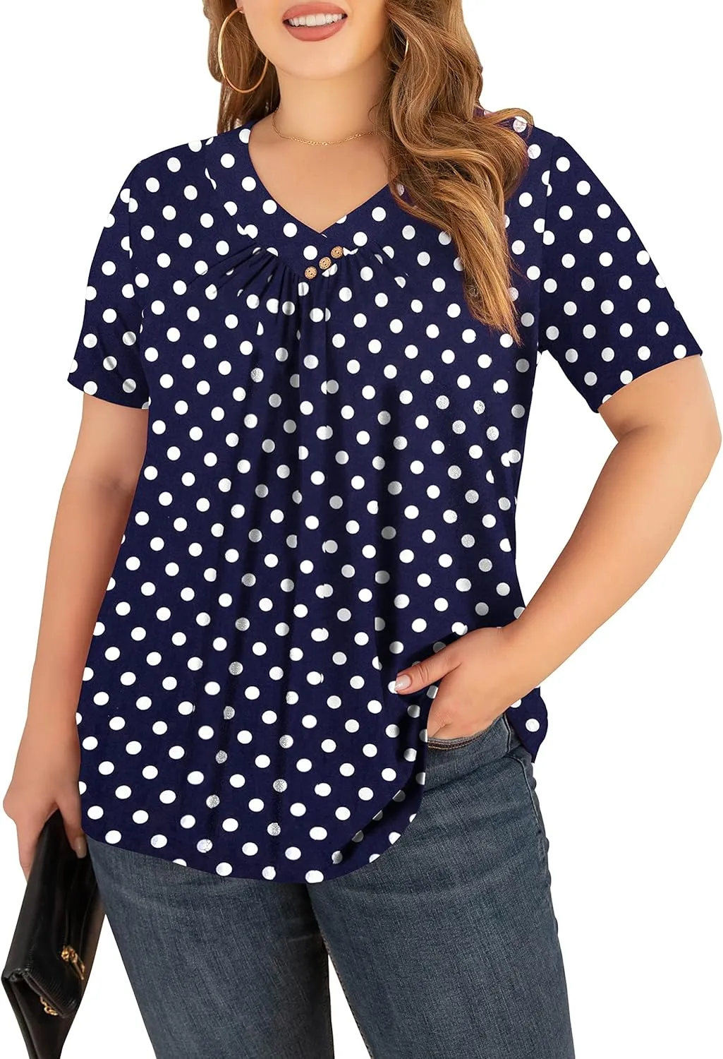 FOLUNSI Womens Plus Size Short Sleeve Henley Shirt V Neck Floral Blouses Tunic Tops M-4XL