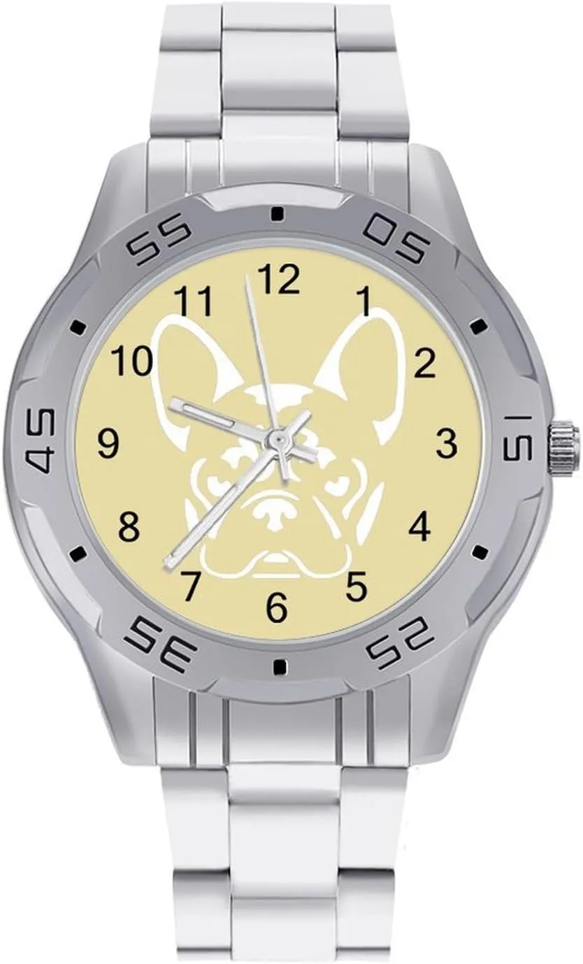 French Bulldog Stainless Steel Metal Strap Simple Business Watches for Men Easy Reader Work Casual Watch