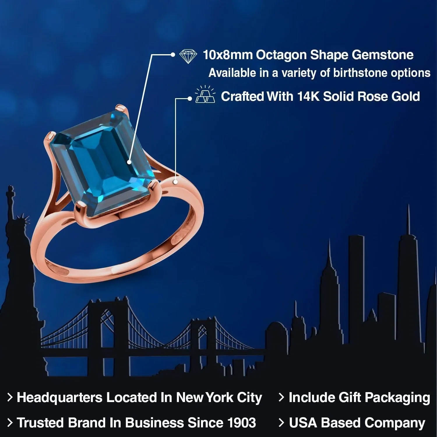 Gem Stone King 14K Rose Gold 10X8mm Emerald Cut Gemstone Birthstone Engagement Ring | Wedding Engagement Anniversary Promise Ring | Rose Gold Ring For Women