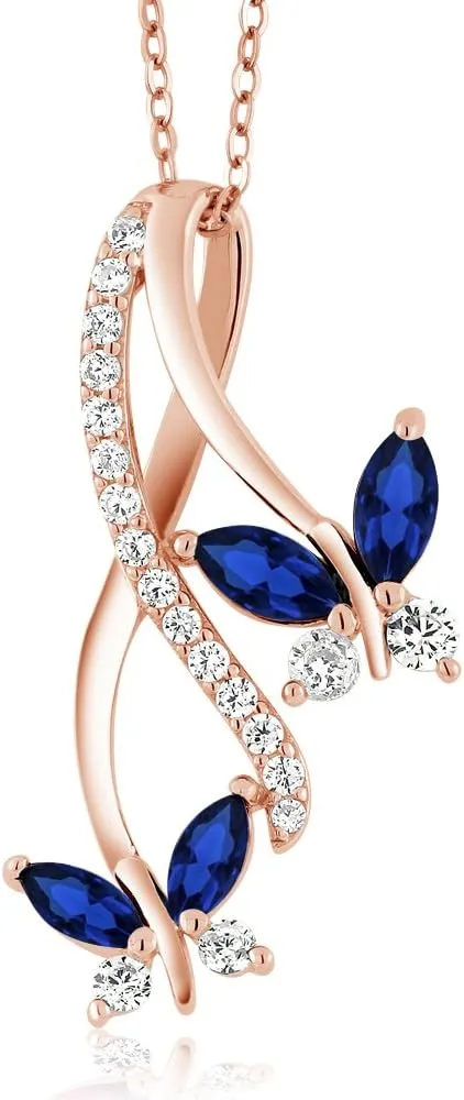 Gem Stone King 18K Rose Gold Plated Silver Marquise Created Blue Sapphire Butterfly Infinity Pendant Necklace For Women (1.21 Cttw, with 18 Inch Chain)