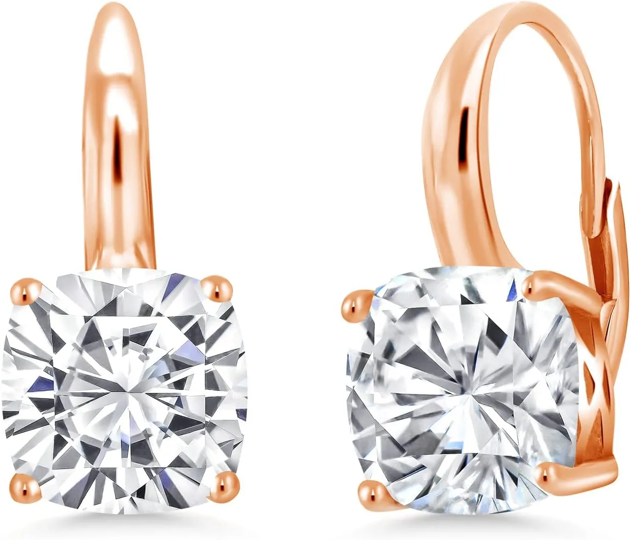Gem Stone King 18K Rose Gold Plated Silver White Moissanite Dangle Earrings For Women (4.80 Cttw, Cushion 8MM)
