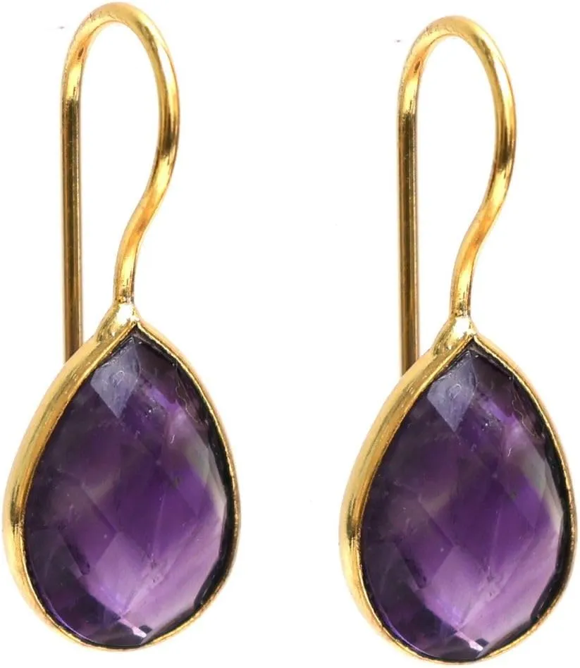 Gempires Amethyst Earrings, Teardrop Crystal Earring, Pear Shape Dangle Drop, Natural Gemstone Earring, February Birthstone, Everyday Wear, Hypoallergenic 14k Gold Plated, Gift for Mom Wife