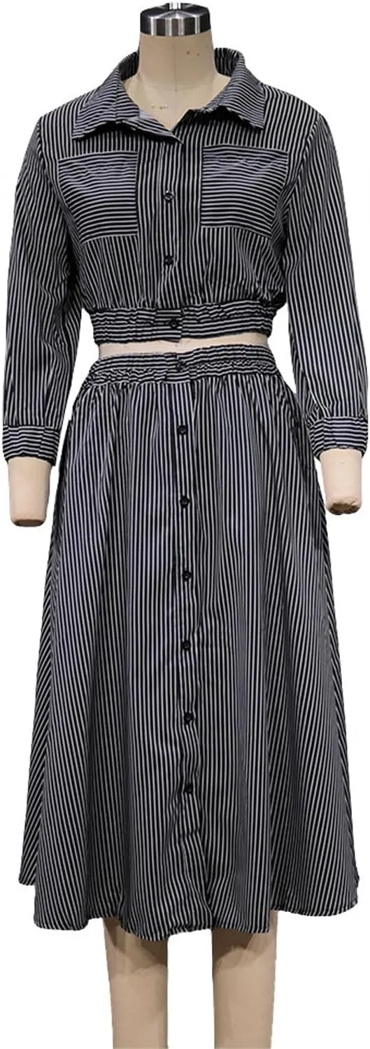 GGUHHU Womens Button Down Striped Dress Summer Two Piece Sets Outfit Crop Shirt with Midi Skirt