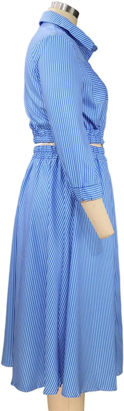 GGUHHU Womens Button Down Striped Dress Summer Two Piece Sets Outfit Crop Shirt with Midi Skirt