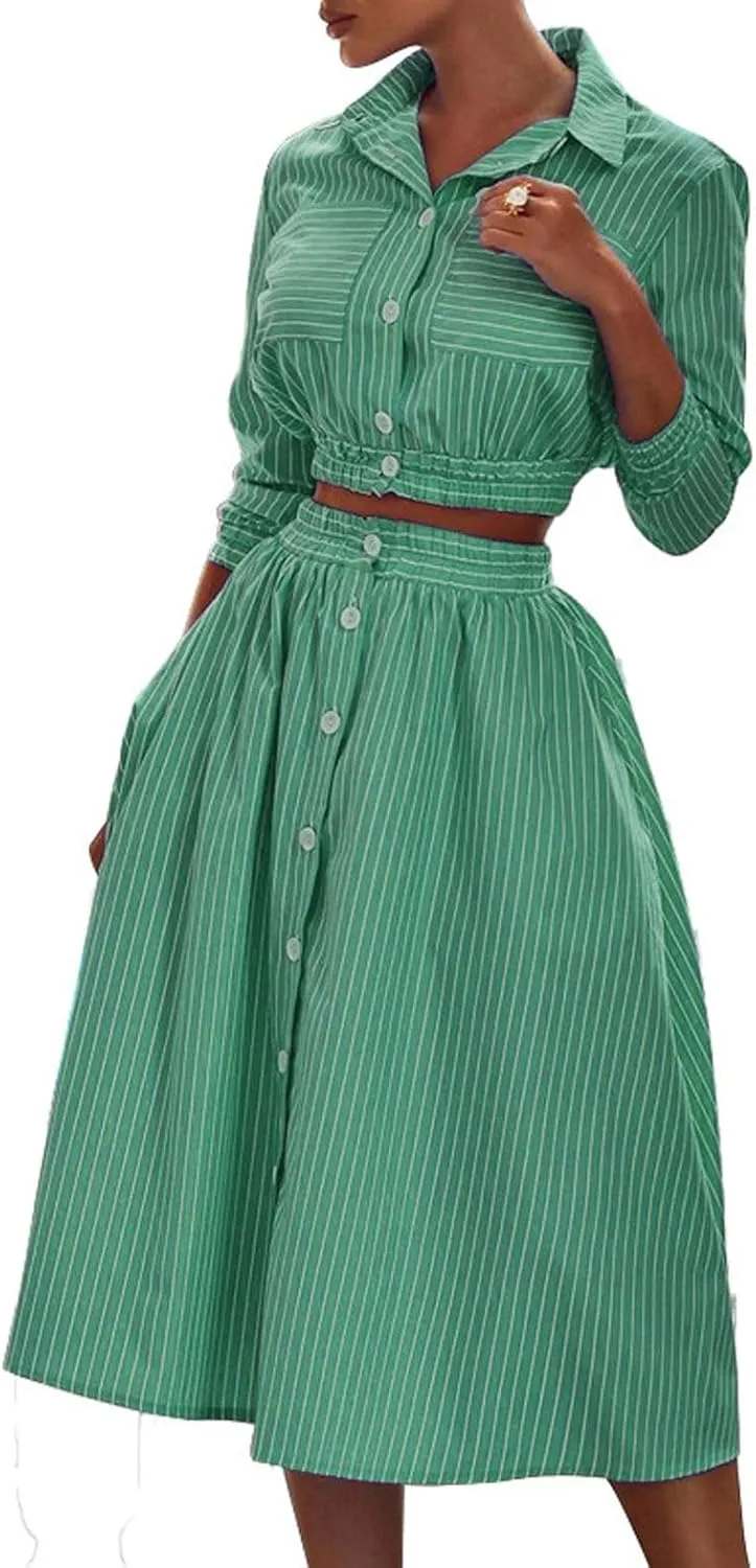 GGUHHU Womens Button Down Striped Dress Summer Two Piece Sets Outfit Crop Shirt with Midi Skirt