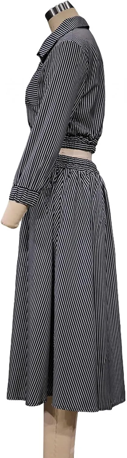 GGUHHU Womens Button Down Striped Dress Summer Two Piece Sets Outfit Crop Shirt with Midi Skirt