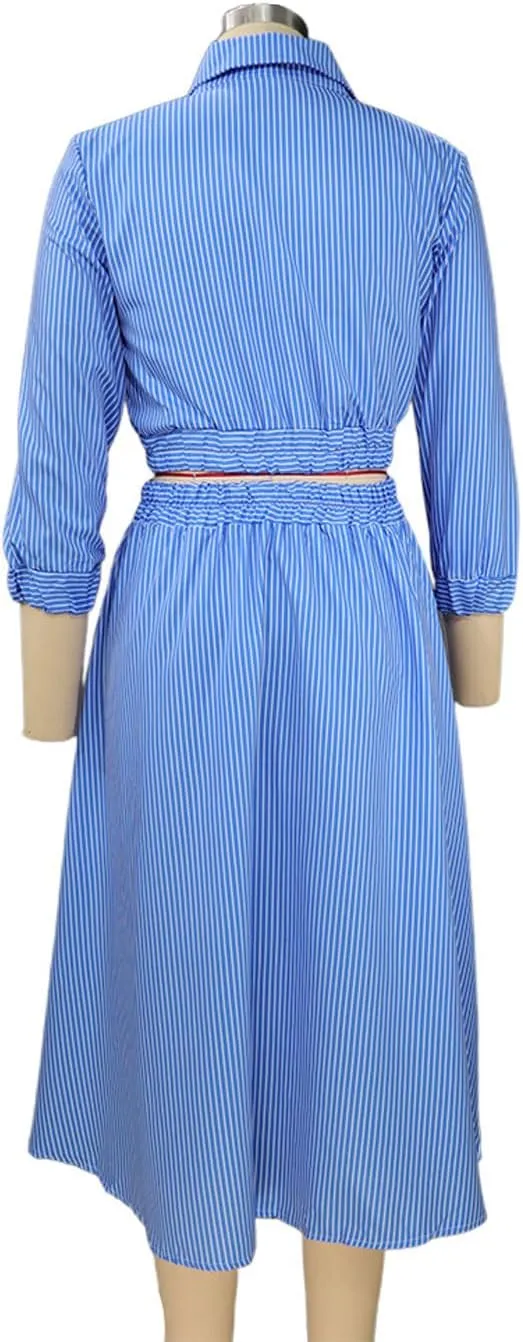GGUHHU Womens Button Down Striped Dress Summer Two Piece Sets Outfit Crop Shirt with Midi Skirt
