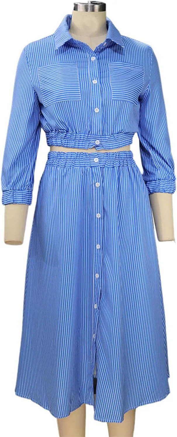 GGUHHU Womens Button Down Striped Dress Summer Two Piece Sets Outfit Crop Shirt with Midi Skirt