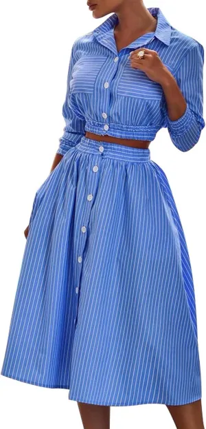 GGUHHU Womens Button Down Striped Dress Summer Two Piece Sets Outfit Crop Shirt with Midi Skirt