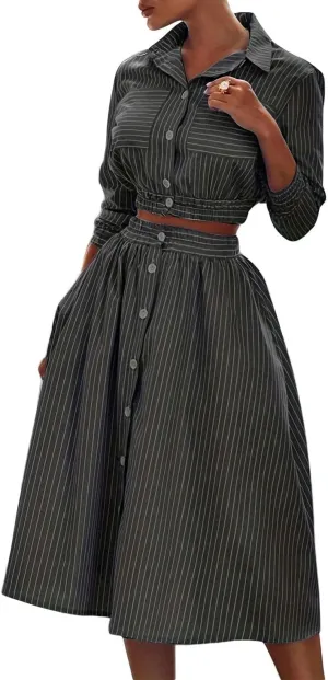 GGUHHU Womens Button Down Striped Dress Summer Two Piece Sets Outfit Crop Shirt with Midi Skirt
