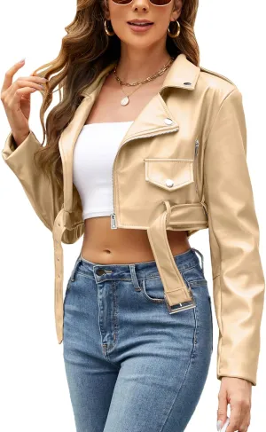 Giolshon Women's Faux Leather Studded Jacket Moto Biker Short Rhinestones Fall PU Long Sleeve Open Front Coat