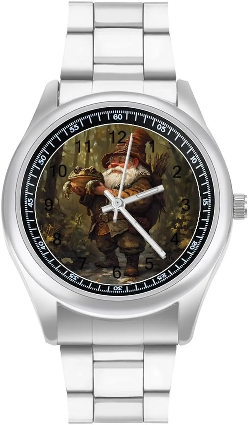 Gnome Hunting Toad Frog Forests Stainless Steel Strap Simple Business Watches for Men Easy Reader Work Casual Watch