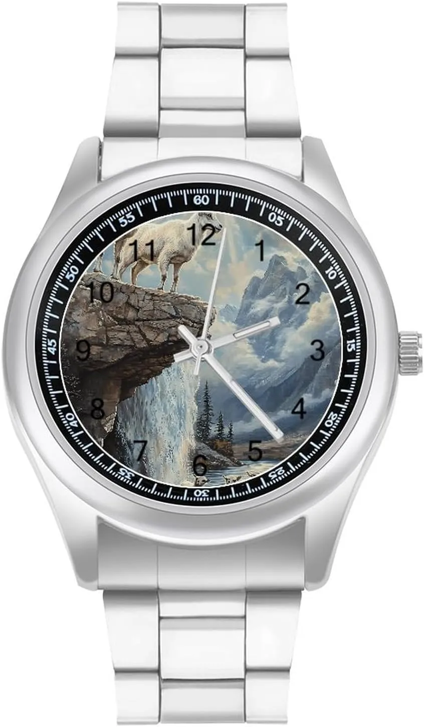 Goats Lambs Snow Mountain River Stainless Steel Strap Simple Business Watches for Men Easy Reader Work Casual Watch