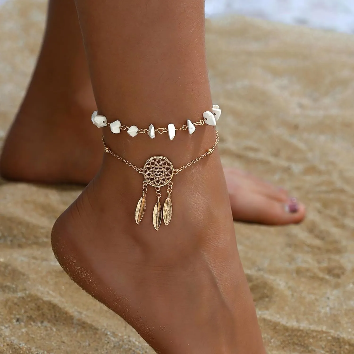 Gold Boho Beach Anklet for Women Natural Stone Dreamcatcher Feather Ankle Bracelet Layered Leaf Tassel Pendant Anklet Summer Vintage Western Shell Bracelet Hawaiian Beach Foot Jewelry