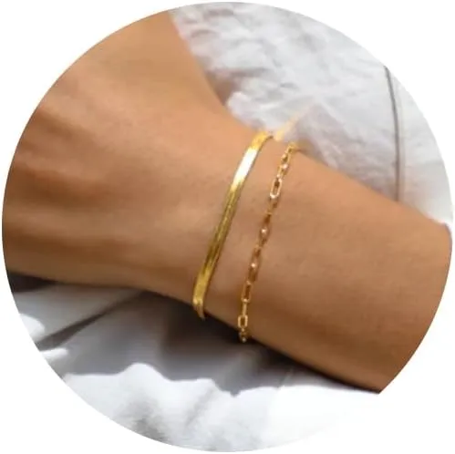 Gold Bracelets Sets for Women 14K Gold Plated Dainty Gold Chain Bracelet Set Adjustable Stackable Layered Herringbone Tennis Cuban Link Paperclip Chain Bracelets Trendy Jewelry Sets for Women