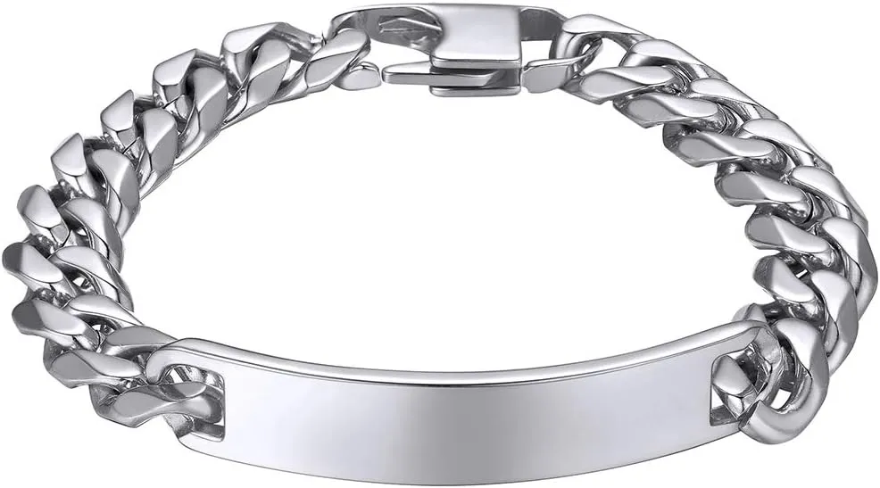 GOLDCHIC JEWELRY Personalized Mens ID Bracelets, Stainless Steel Engraved Bracelets, 7mm-15mm Wide Curb Link Stretch Cuff Bracelets