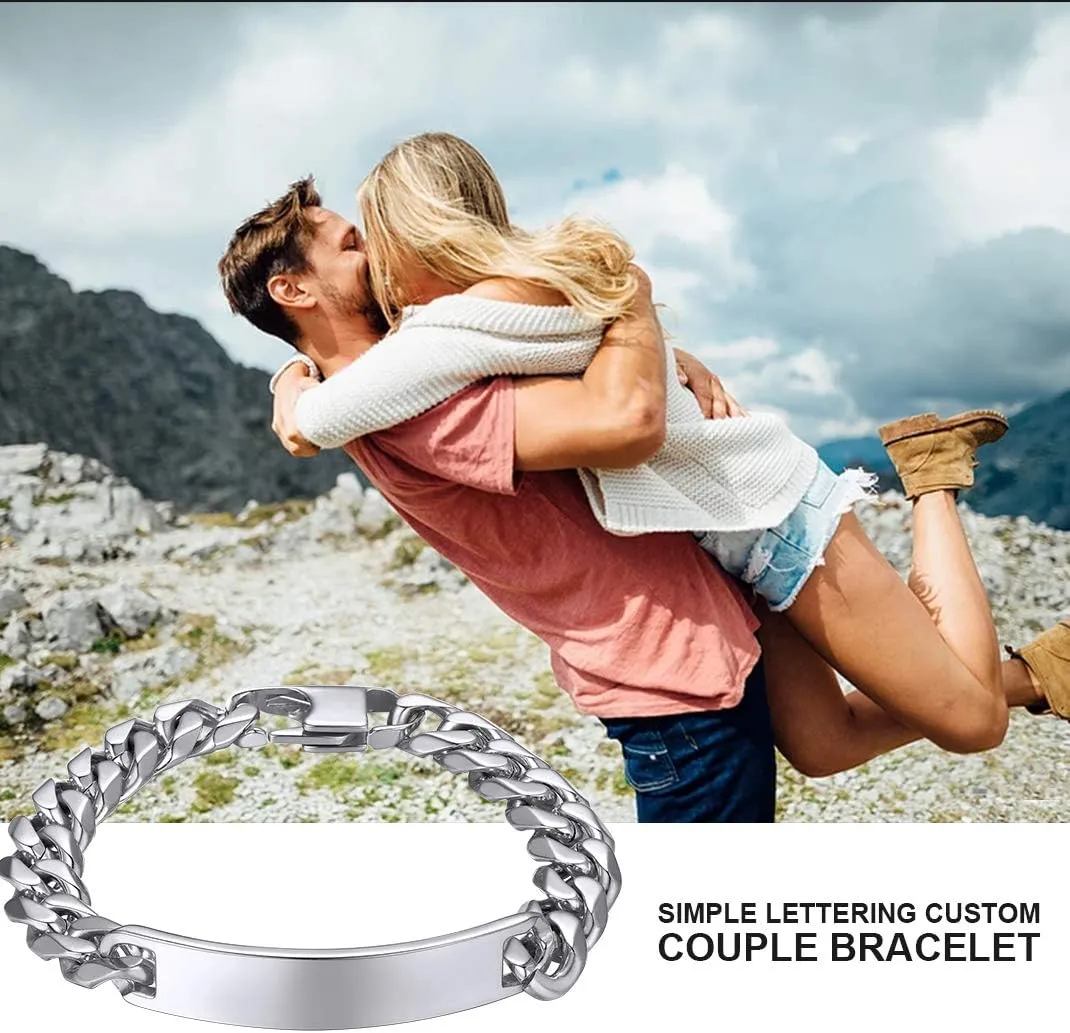 GOLDCHIC JEWELRY Personalized Mens ID Bracelets, Stainless Steel Engraved Bracelets, 7mm-15mm Wide Curb Link Stretch Cuff Bracelets