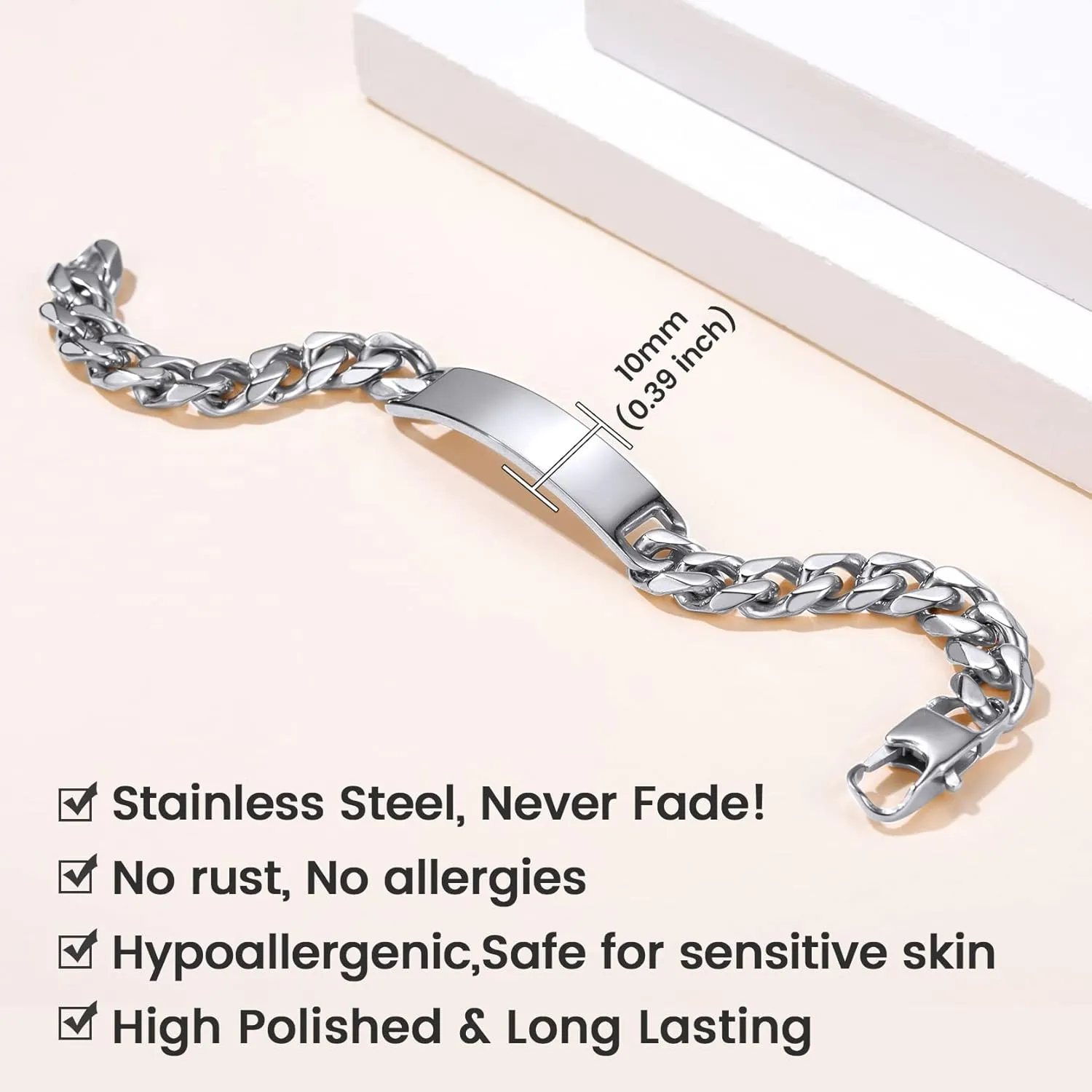GOLDCHIC JEWELRY Personalized Mens ID Bracelets, Stainless Steel Engraved Bracelets, 7mm-15mm Wide Curb Link Stretch Cuff Bracelets