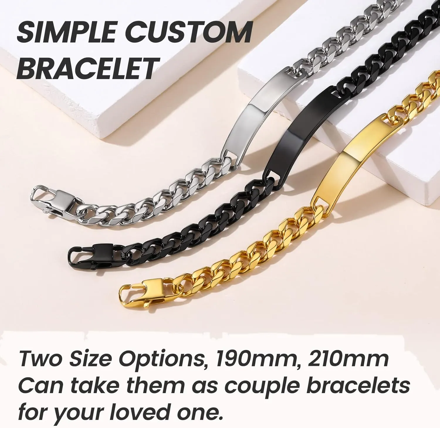 GOLDCHIC JEWELRY Personalized Mens ID Bracelets, Stainless Steel Engraved Bracelets, 7mm-15mm Wide Curb Link Stretch Cuff Bracelets