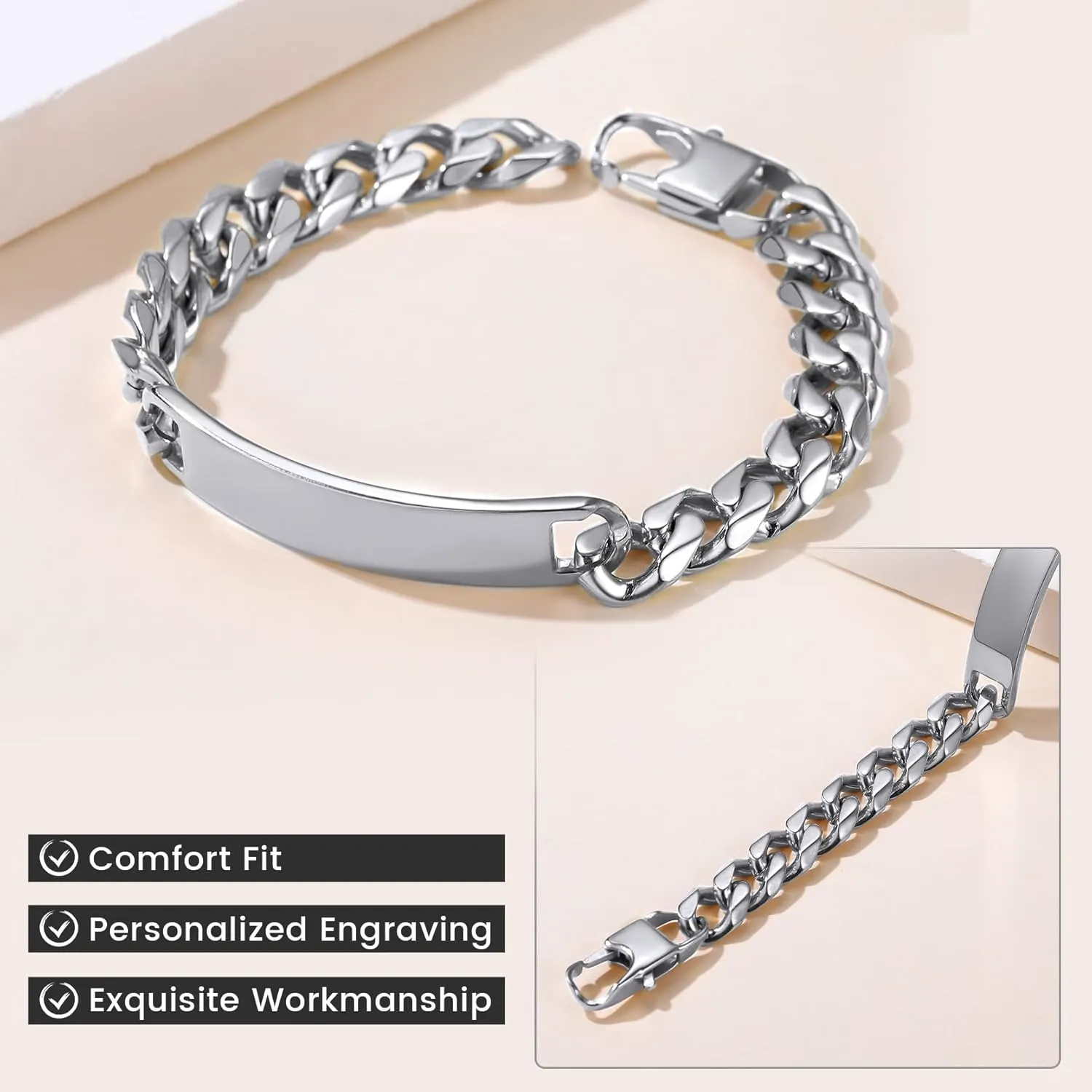 GOLDCHIC JEWELRY Personalized Mens ID Bracelets, Stainless Steel Engraved Bracelets, 7mm-15mm Wide Curb Link Stretch Cuff Bracelets