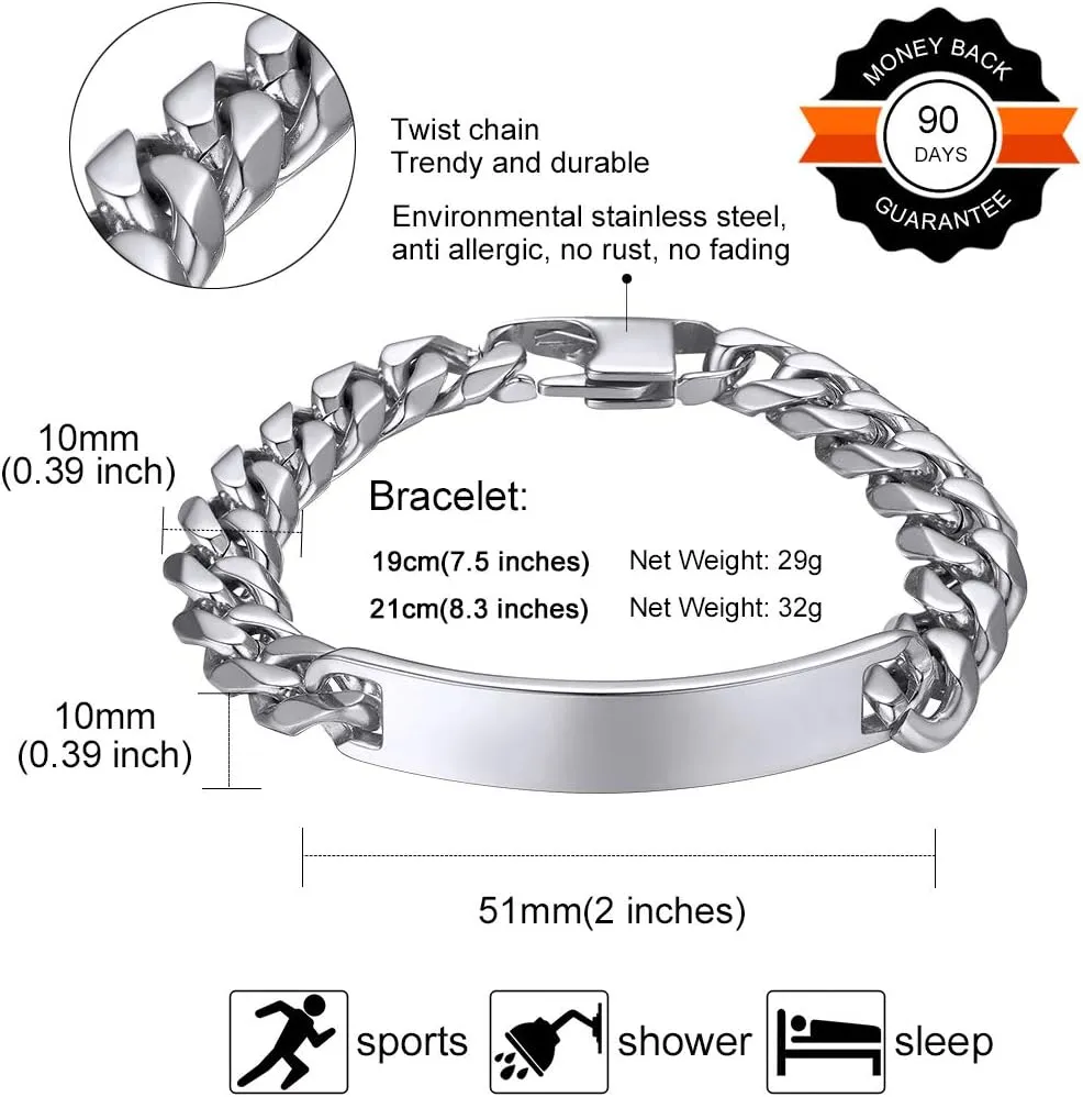 GOLDCHIC JEWELRY Personalized Mens ID Bracelets, Stainless Steel Engraved Bracelets, 7mm-15mm Wide Curb Link Stretch Cuff Bracelets