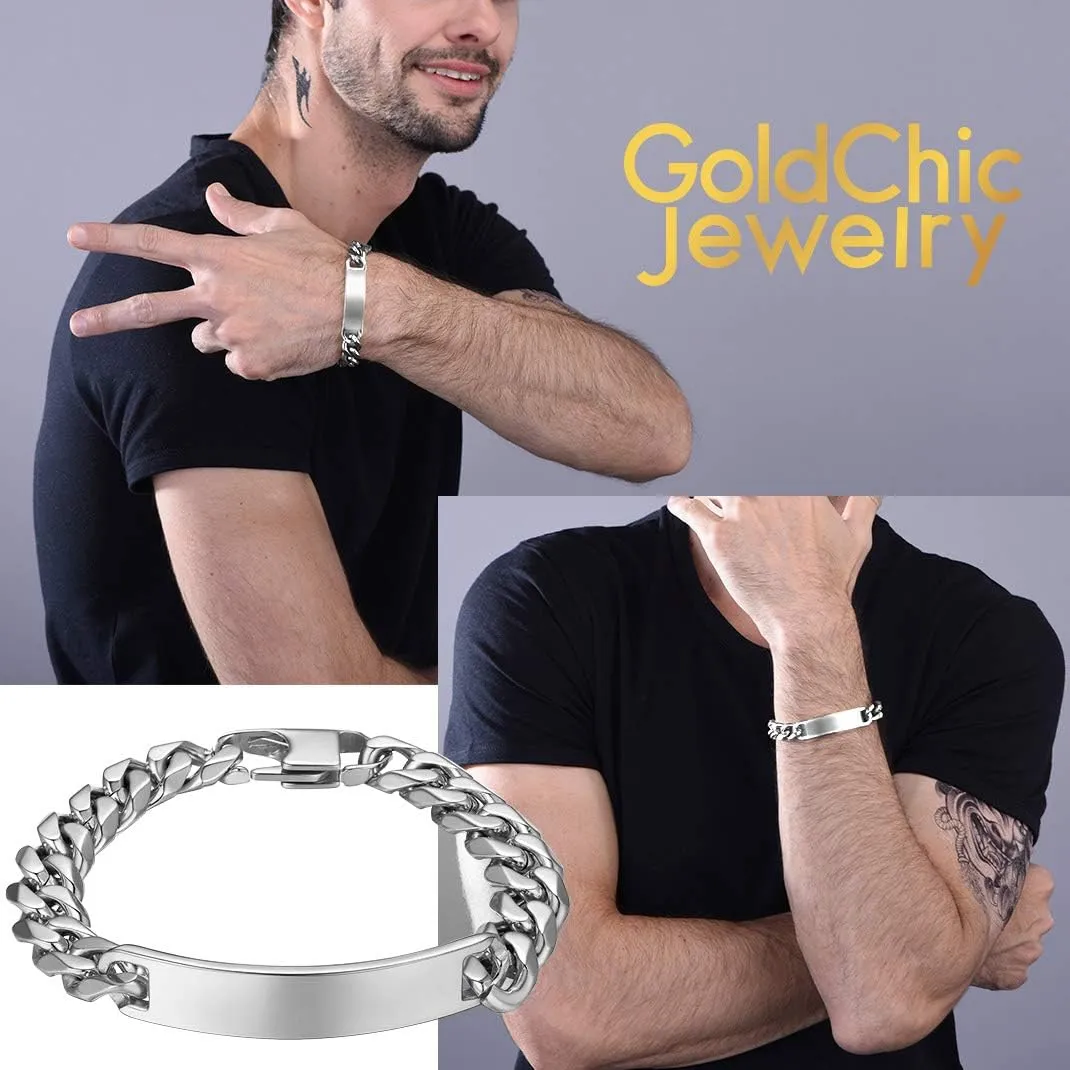 GOLDCHIC JEWELRY Personalized Mens ID Bracelets, Stainless Steel Engraved Bracelets, 7mm-15mm Wide Curb Link Stretch Cuff Bracelets