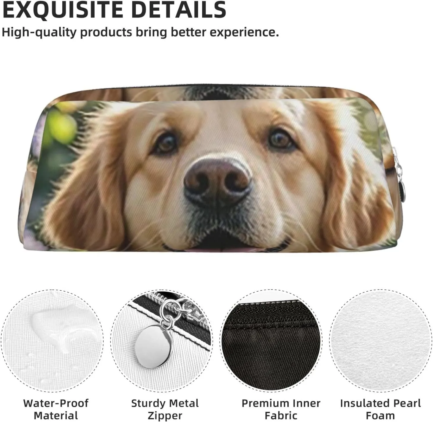 Golden Retriever Makeup Bag for Women Men Pencil Pouch Travel Small Cosmetic Bag Zippered Toiletry Bags Aesthetic Pen Bags Trendy Storage Bags Leather Coin Pouch Purse