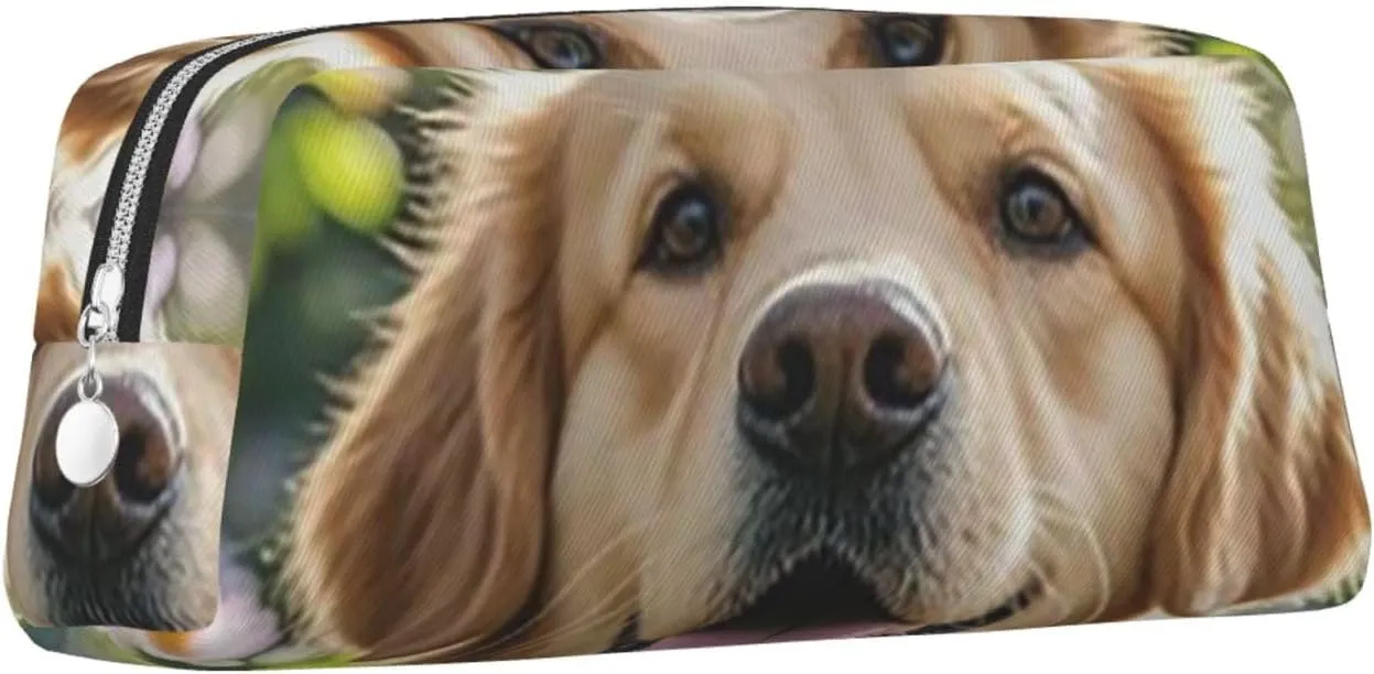 Golden Retriever Makeup Bag for Women Men Pencil Pouch Travel Small Cosmetic Bag Zippered Toiletry Bags Aesthetic Pen Bags Trendy Storage Bags Leather Coin Pouch Purse
