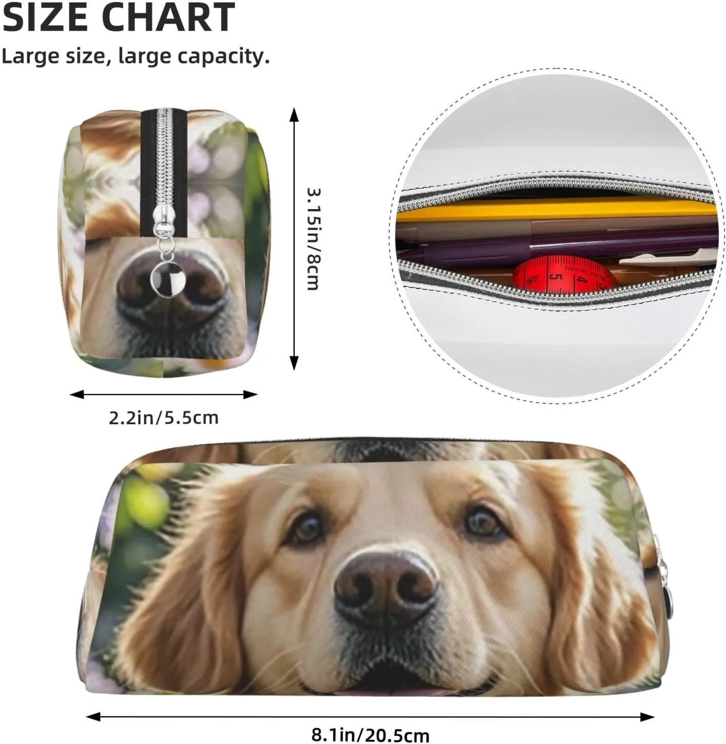 Golden Retriever Makeup Bag for Women Men Pencil Pouch Travel Small Cosmetic Bag Zippered Toiletry Bags Aesthetic Pen Bags Trendy Storage Bags Leather Coin Pouch Purse