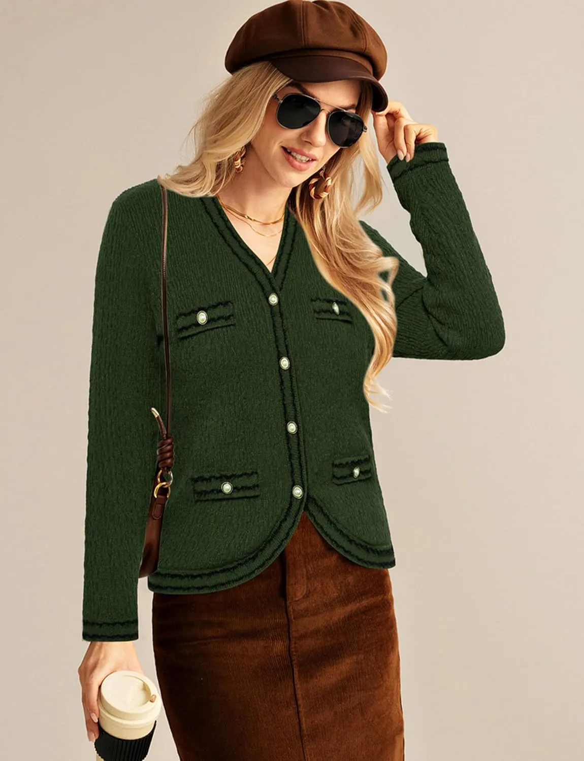 GRACE KARIN Women's Cropped Cardigan Sweaters Long Sleeve Elegant Pearl Button Down Knit Open Front V-Neck Jacket Tops