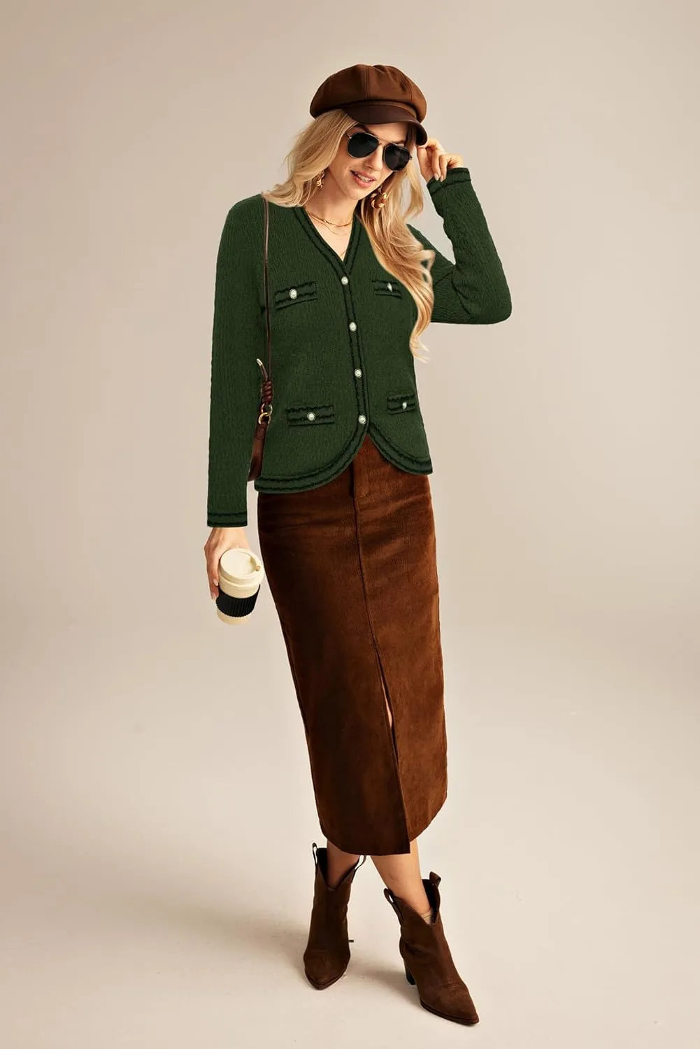 GRACE KARIN Women's Cropped Cardigan Sweaters Long Sleeve Elegant Pearl Button Down Knit Open Front V-Neck Jacket Tops
