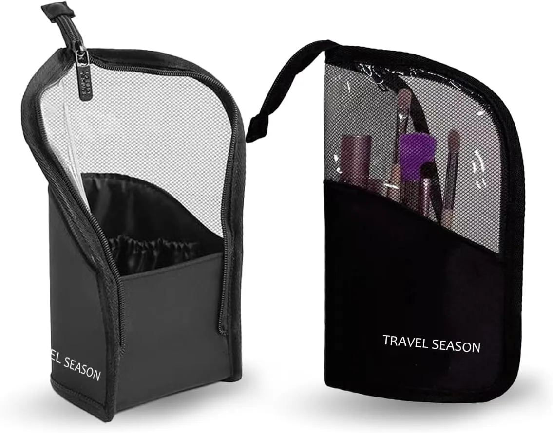 GRINKO Makeup Brush Holder, Makeup Organizer Brush Bag Waterproof Toiletry Bag Stand-up Makeup Cup Mesh Cosmetic Bags with Zipper Black