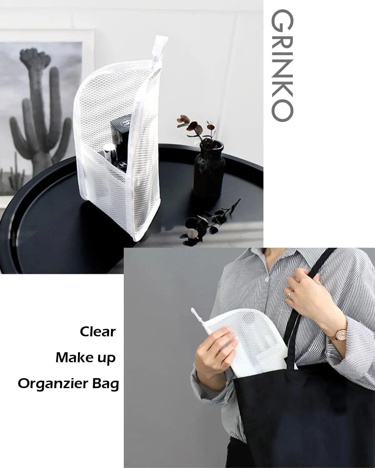 GRINKO Makeup Brush Holder, Travel Makeup Brush Case Waterproof Toiletry Bag Stand-up Makeup Organizer Mesh Cosmetic Bags with Zipper Grey