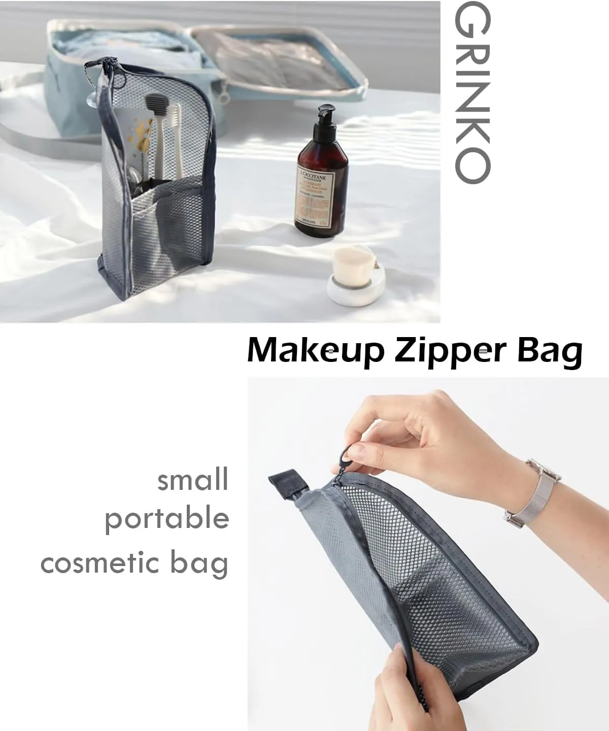 GRINKO Makeup Brush Holder, Travel Makeup Brush Case Waterproof Toiletry Bag Stand-up Makeup Organizer Mesh Cosmetic Bags with Zipper Grey