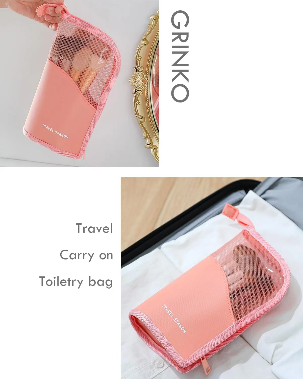 GRINKO Makeup Brush Holder, Travel Makeup Brush Case Waterproof Toiletry Bag Stand-up Makeup Organizer Mesh Cosmetic Bags with Zipper Pink