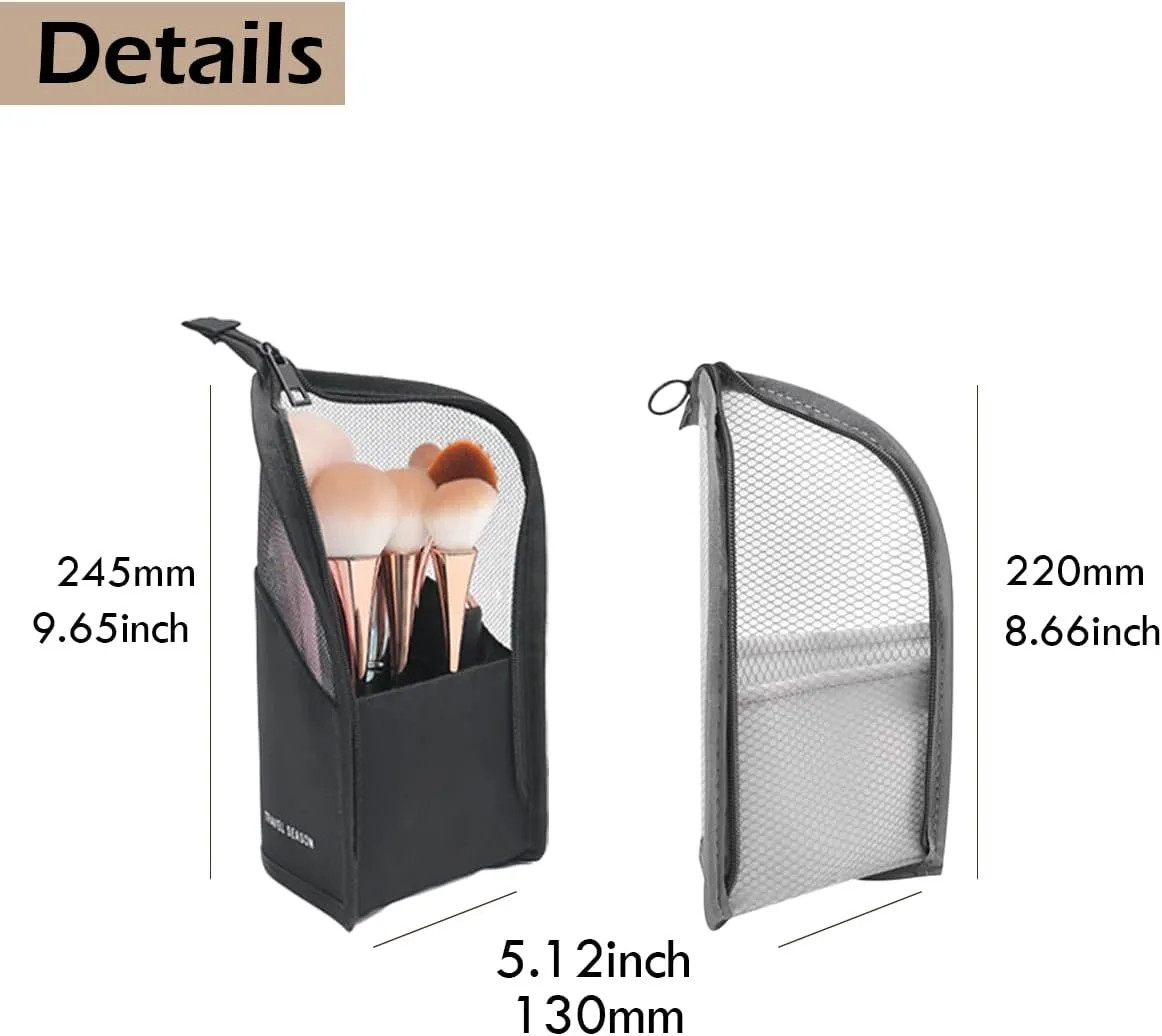 GRINKO Makeup Brush Holder, Travel Makeup Brush Case Waterproof Toiletry Bag Stand-up Makeup Organizer Mesh Cosmetic Bags with Zipper Pink