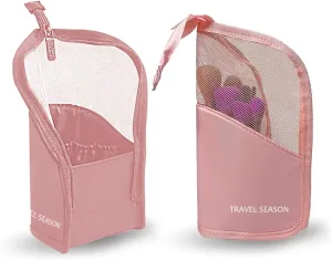 GRINKO Makeup Brush Holder, Travel Makeup Brush Case Waterproof Toiletry Bag Stand-up Makeup Organizer Mesh Cosmetic Bags with Zipper Pink