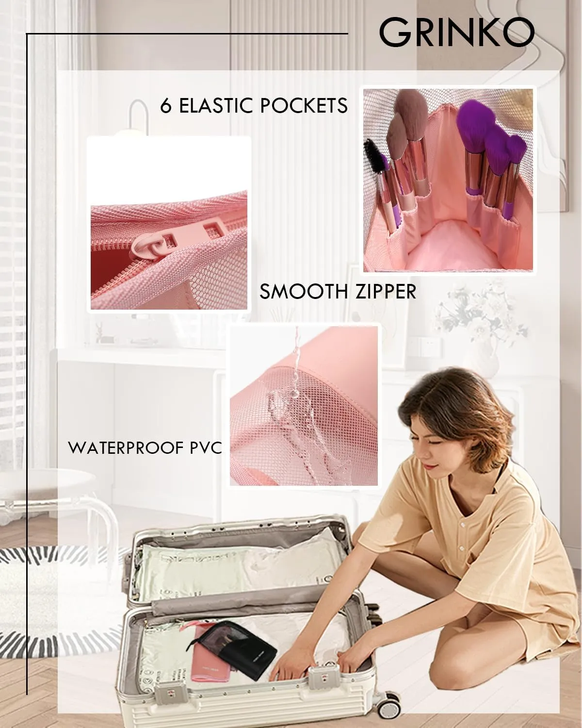 GRINKO Makeup Brush Holder, Travel Makeup Brush Case Waterproof Toiletry Bag Stand-up Makeup Organizer Mesh Cosmetic Bags with Zipper Pink