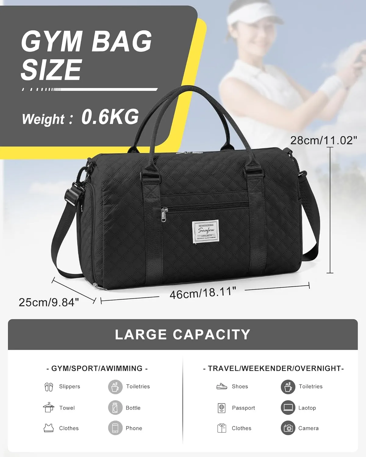 Gym Duffle Bag for Women with Shoe Compartment Waterproof Travel Tote Bags Personal Item Carry On Weekender Overnight Bags with Toiletry Bag Swimming Yoga Bags Hospital Holdalls Black