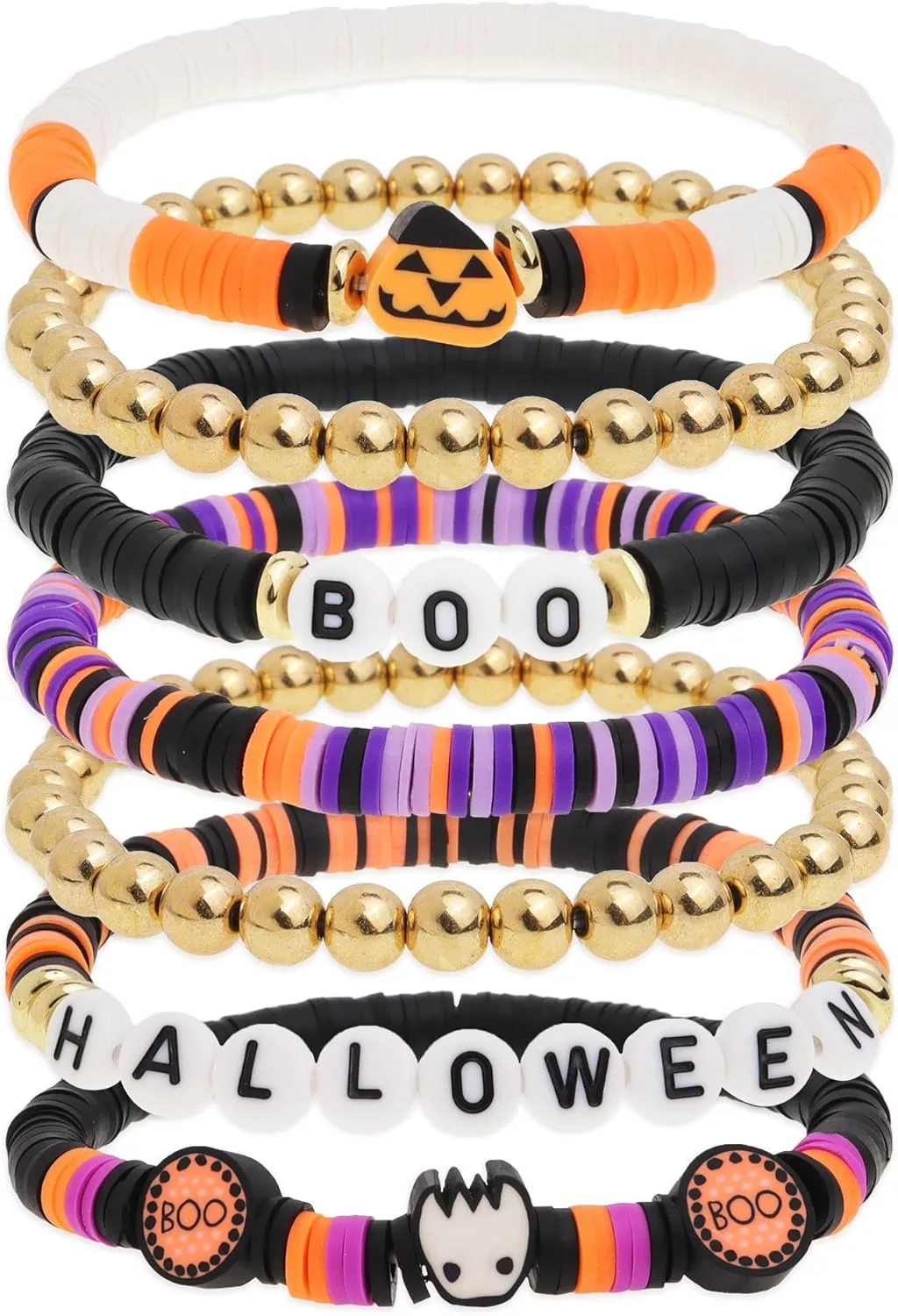 Halloween Heishi Stack Bracelets Set for Women, Handmade Boho Clay Beaded Initial Letter Bracelet Accessories Outfit Jewelry Gift.