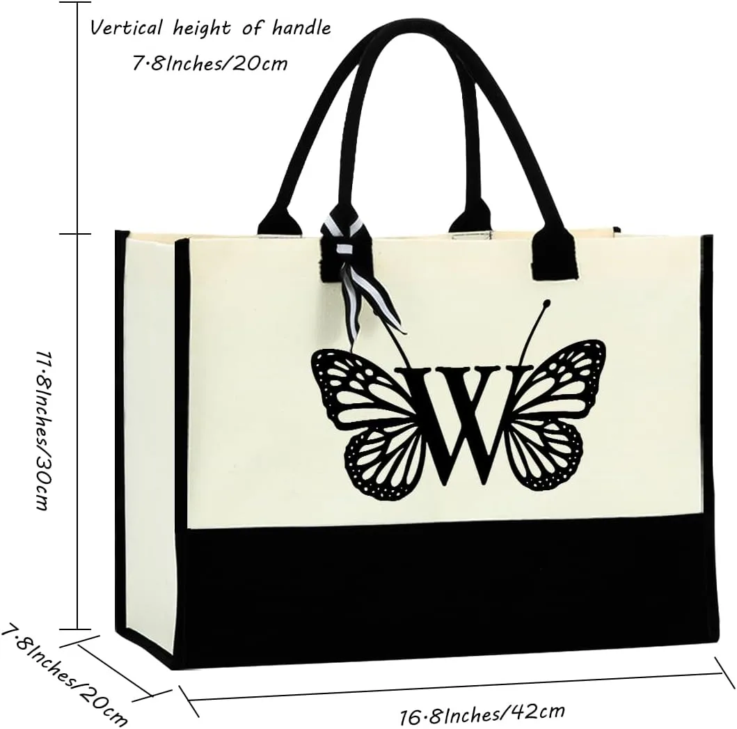Hanamiya Na Butterfly Initial Canvas Tote Bag Personalized Beach Bag Reusable Grocery Bags Monogrammed Gifts