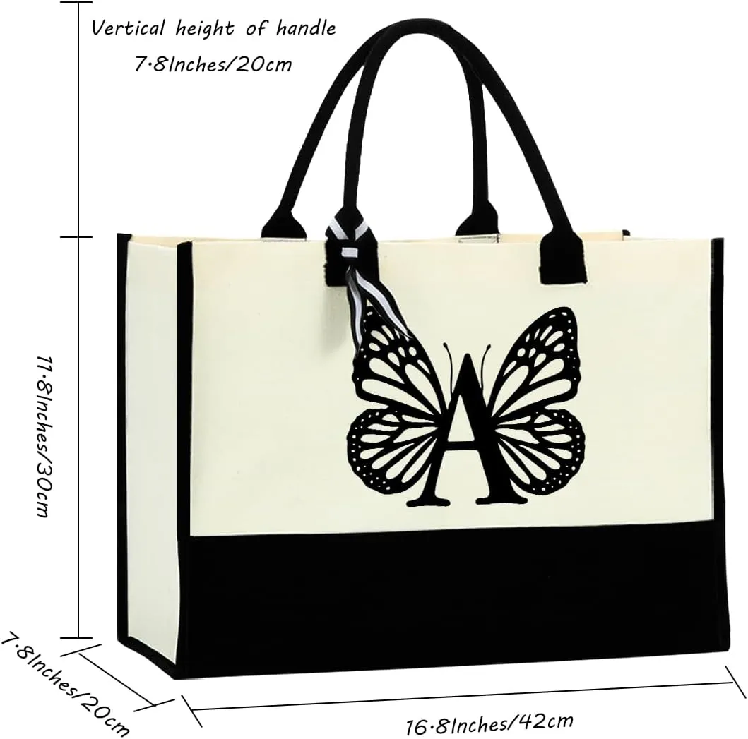 Hanamiya Na Butterfly Initial Canvas Tote Bag Personalized Beach Bag Reusable Grocery Bags Monogrammed Gifts