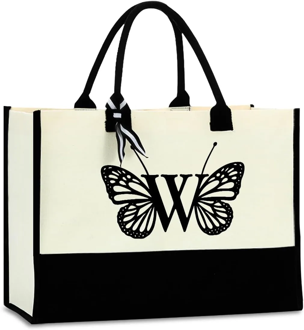 Hanamiya Na Butterfly Initial Canvas Tote Bag Personalized Beach Bag Reusable Grocery Bags Monogrammed Gifts