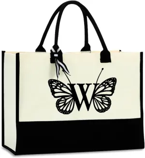 Hanamiya Na Butterfly Initial Canvas Tote Bag Personalized Beach Bag Reusable Grocery Bags Monogrammed Gifts