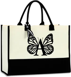 Hanamiya Na Butterfly Initial Canvas Tote Bag Personalized Beach Bag Reusable Grocery Bags Monogrammed Gifts