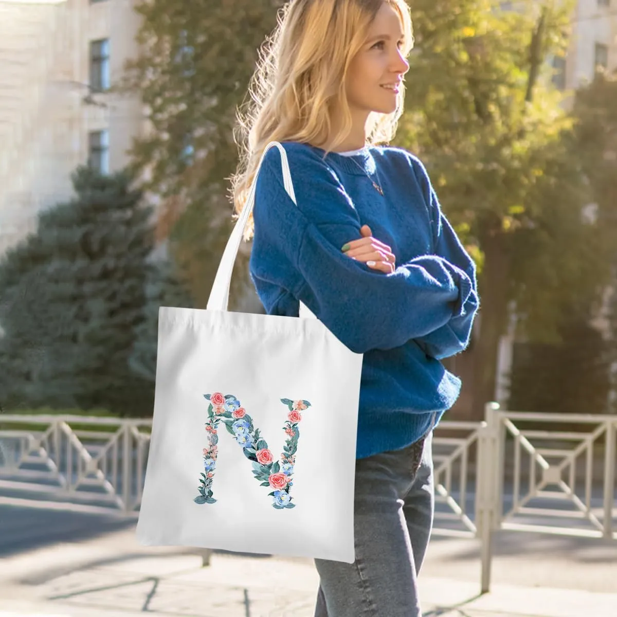 Hanamiya Na Monogrammed Tote Bags Initial Canvas Tote Bag Personalized Reusable Grocery Bags Monogrammed Gifts for Women