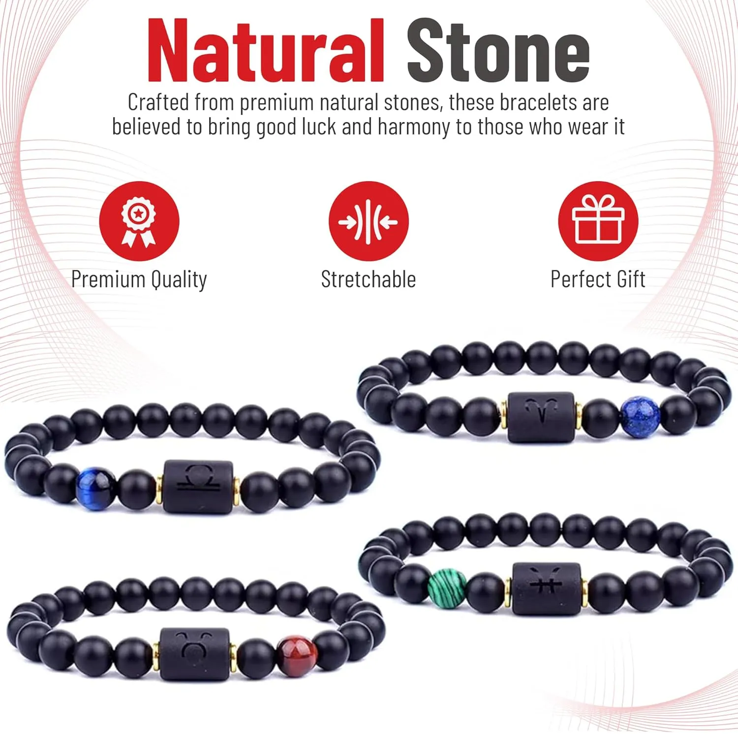 Handmade Zodiac Beaded Black Onyx Bracelet For Men Women, Elastic Yoga Stretch Bracelet, Healing Crystals And Stones, Spiritual Gifts For Astrology, 8mm (Aries, March 21st to April 19th)