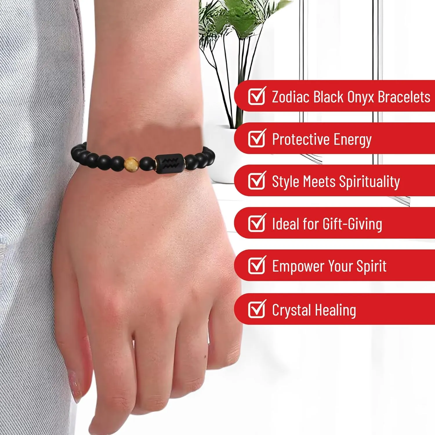 Handmade Zodiac Beaded Black Onyx Bracelet For Men Women, Elastic Yoga Stretch Bracelet, Healing Crystals And Stones, Spiritual Gifts For Astrology, 8mm (Aries, March 21st to April 19th)