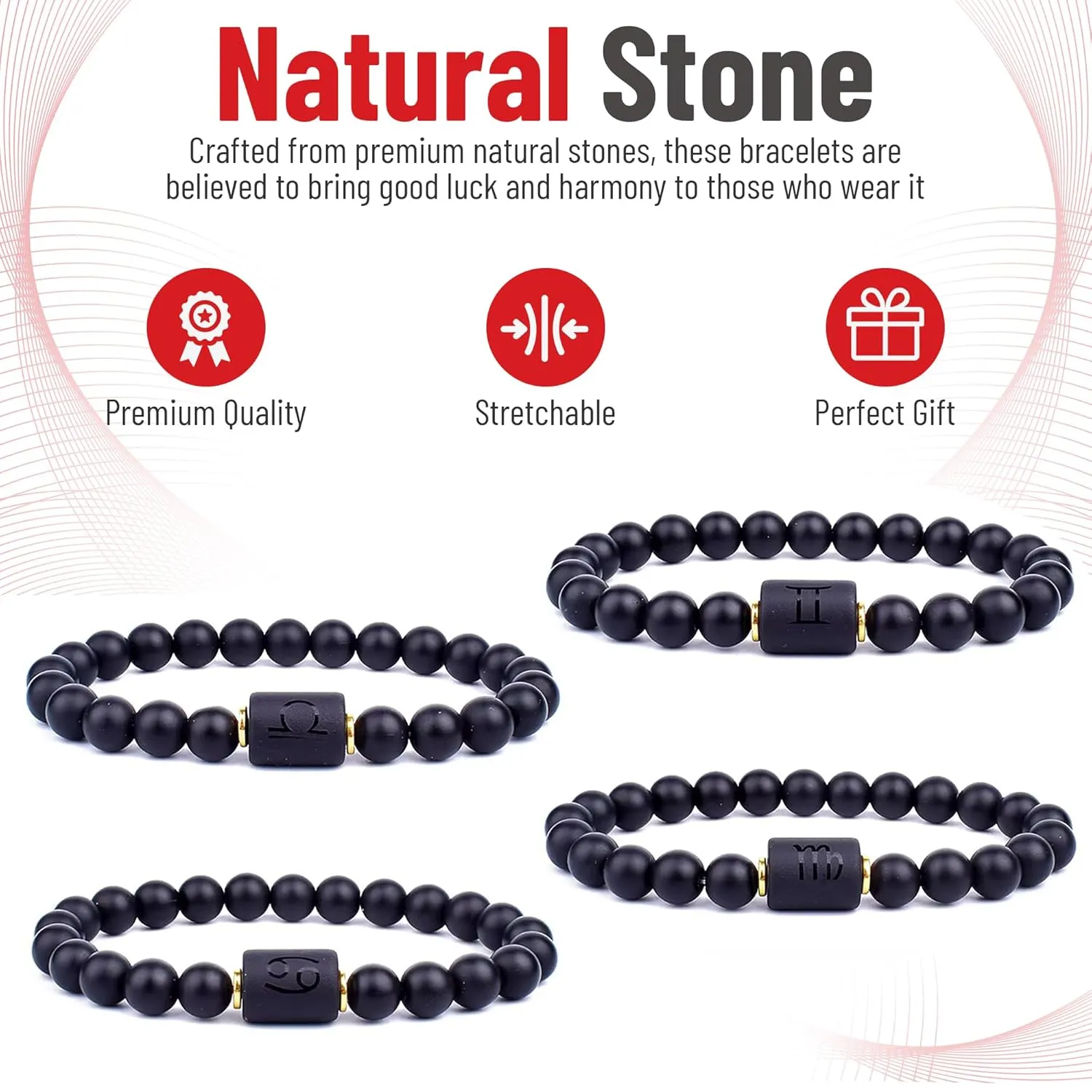 Handmade Zodiac Beaded Matte Black Bracelet For Men Women, Elastic Yoga Stretch Bracelet, Healing Crystals And Stones, Spiritual Gifts For Astrology, 8mm (Aries, March 21st to April 19th)