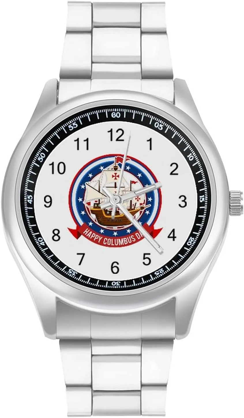 Happy Columbus Day Stainless Steel Strap Simple Business Watches for Men Easy Reader Work Casual Watch